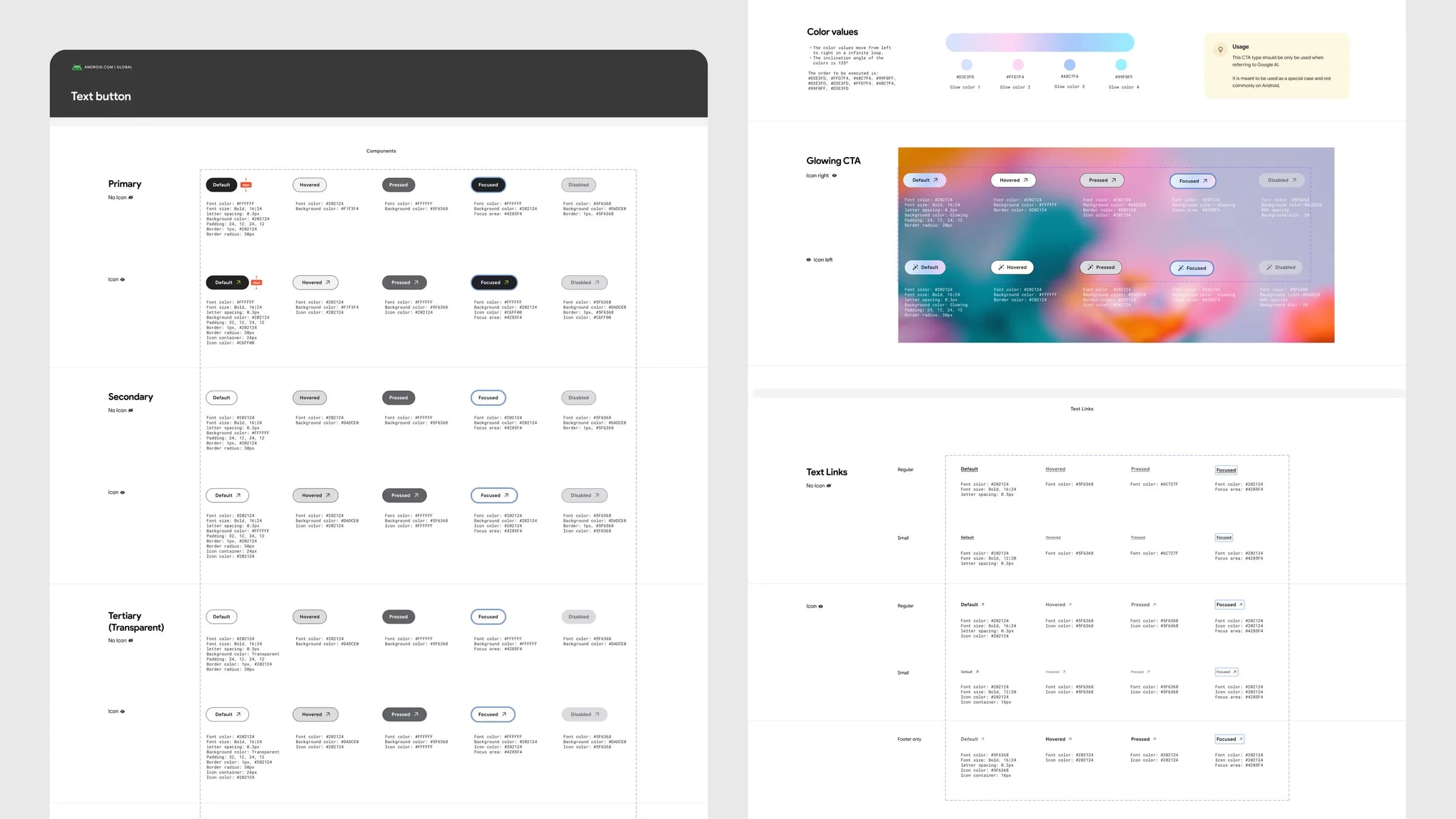 Design system documentation for Android.com buttons and color gradients, with component states laid out in tables.