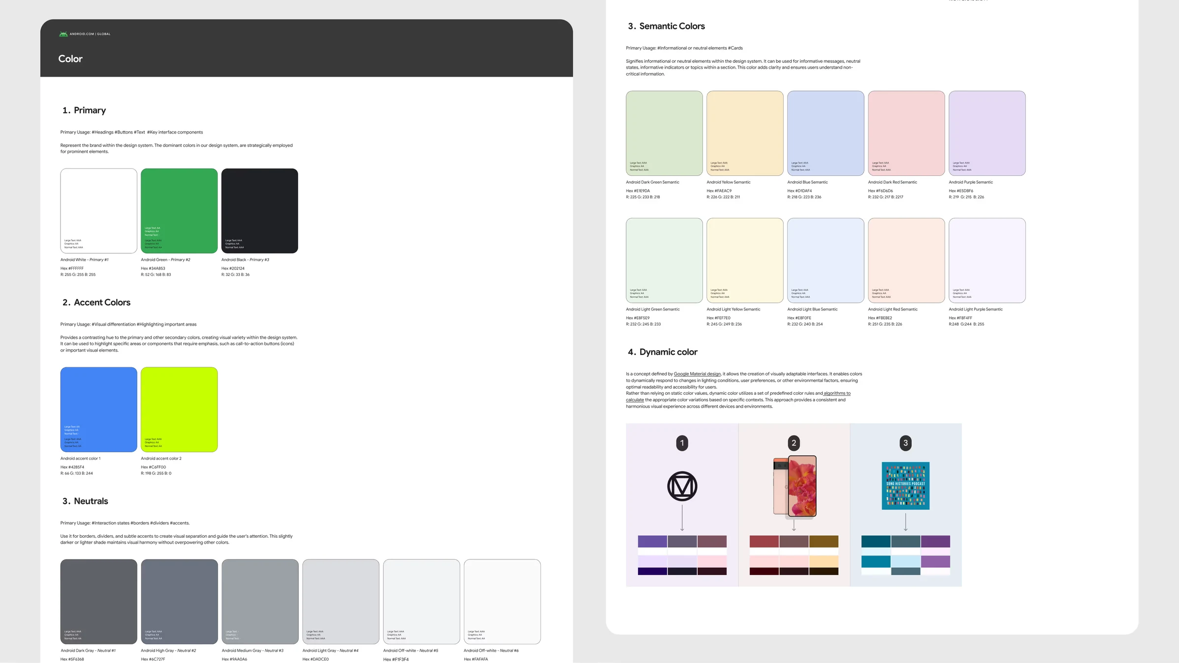 Color foundations page with primary, brand and neutral swatches and secondary color palettes.