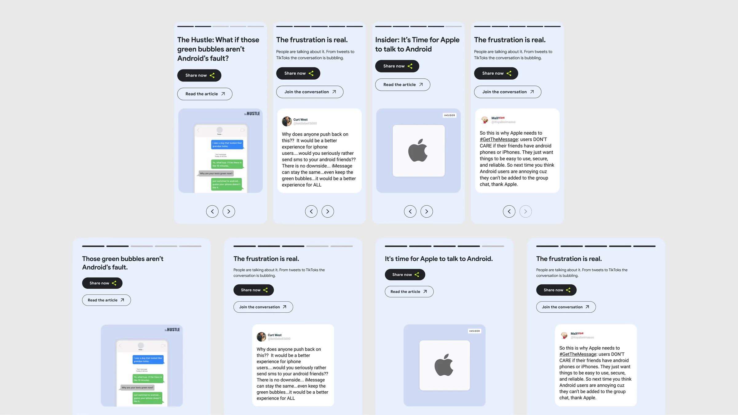 Eight mobile screens from the campaign showing message threads and articles about texting between Android and iPhone.
