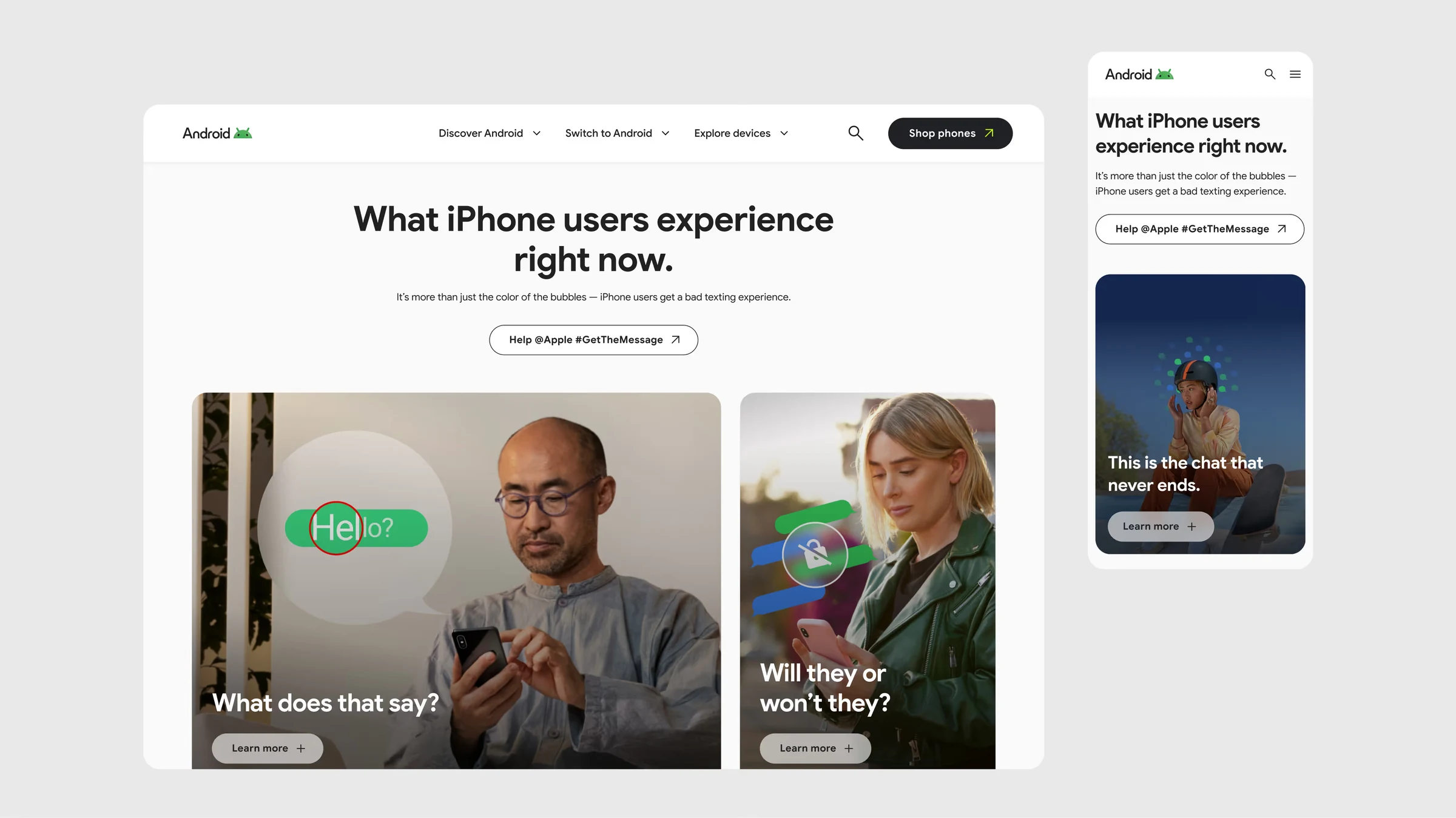 Campaign landing page on desktop and mobile headlined “What iPhone users experience right now”, with photos of people texting.
