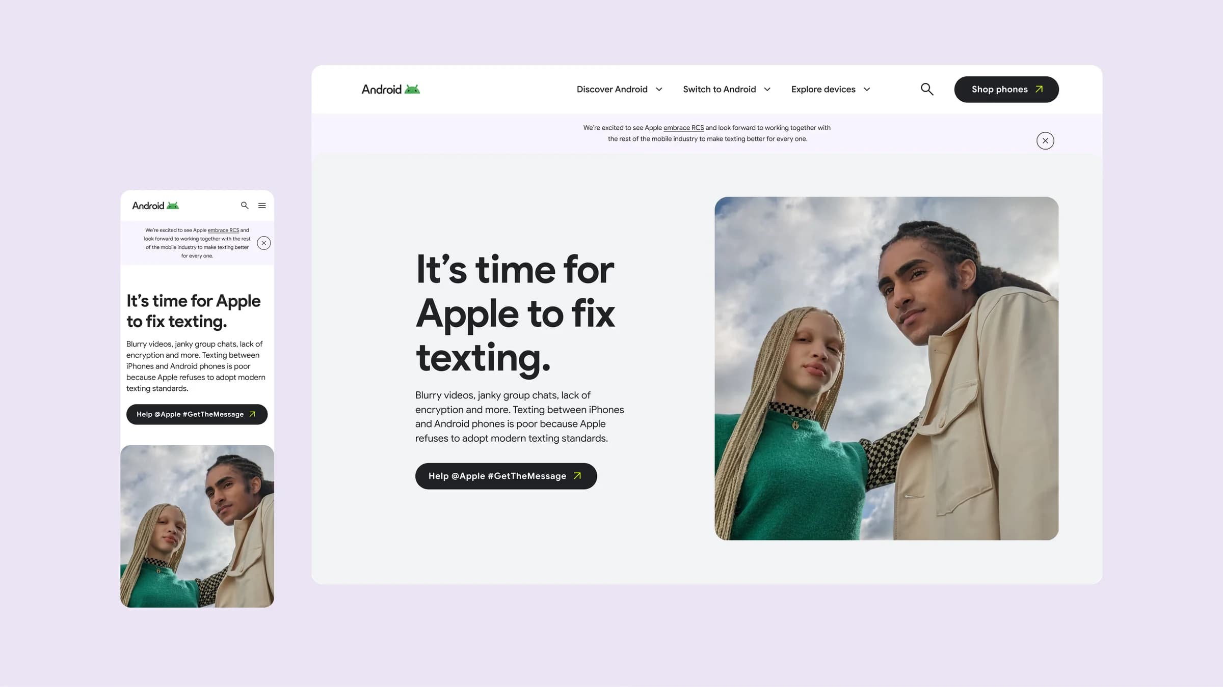 Get the Message campaign site on desktop and mobile, with the headline “It’s time for Apple to fix texting” beside a photo of two friends.
