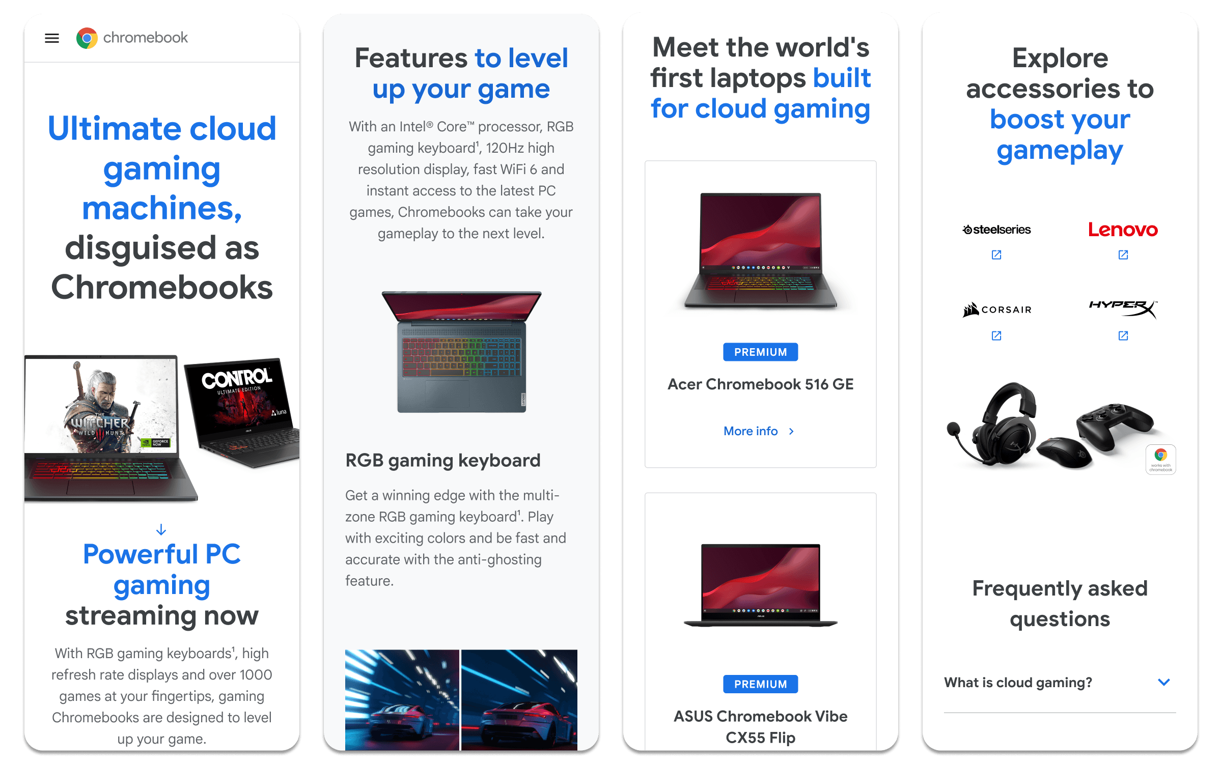 Five mobile screens of the Chromebook gaming site, from “Ultimate cloud gaming machines, disguised as Chromebooks” to laptops and accessories.
