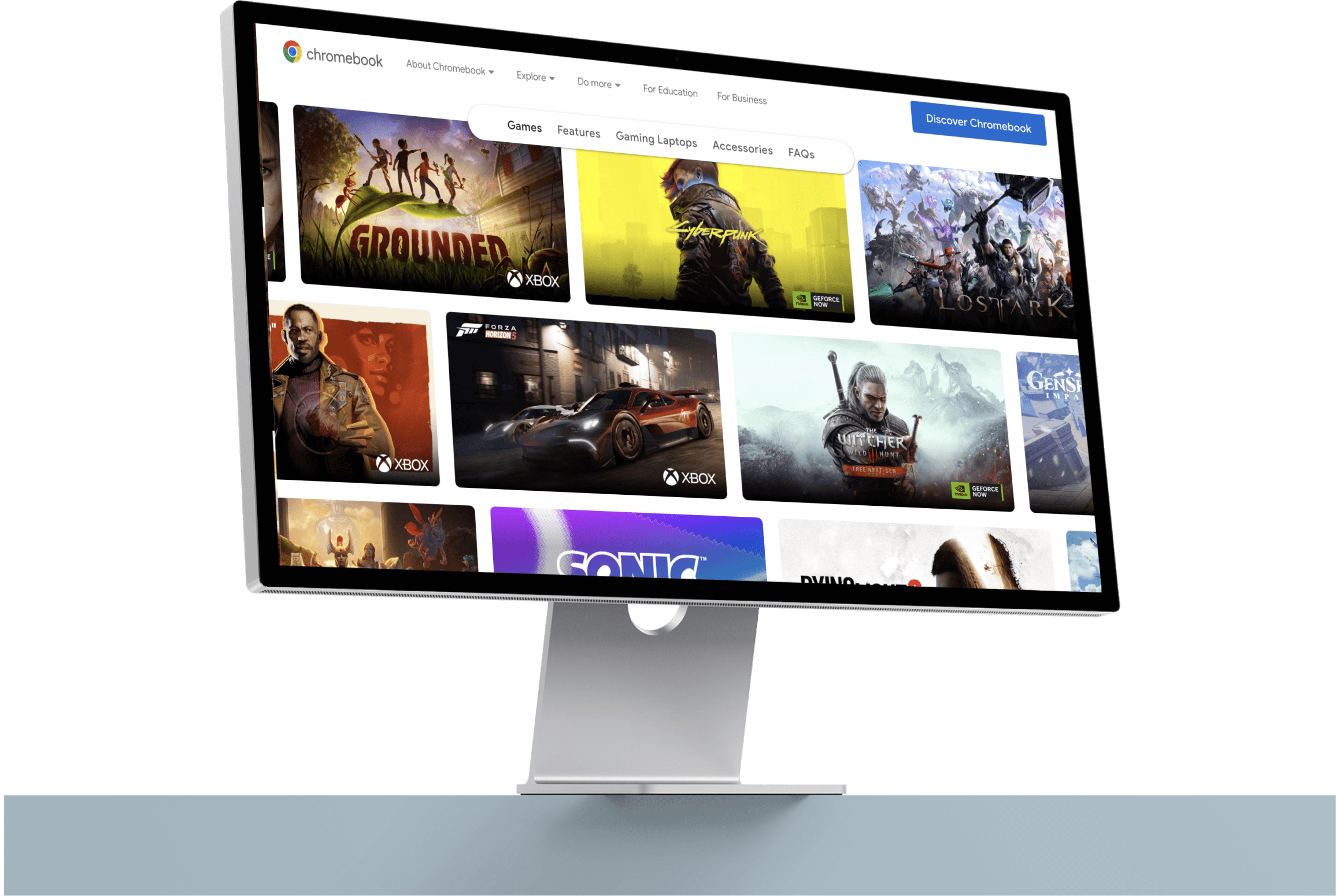 The Chromebook gaming catalog on a desktop monitor, showing a grid of game cover art.