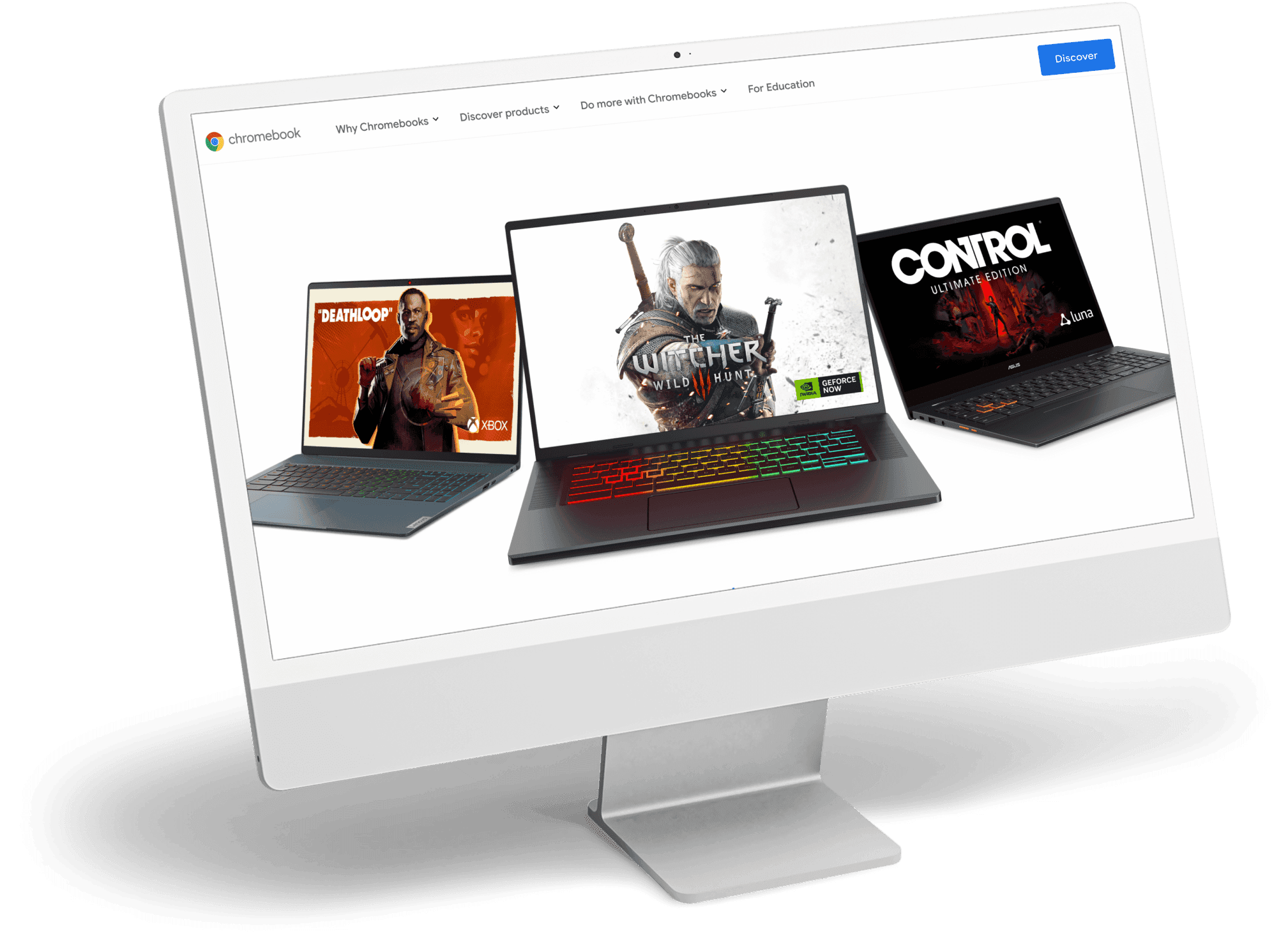 A desktop monitor showing the Chromebook gaming page with three gaming laptops running The Witcher, Mafia and Control.