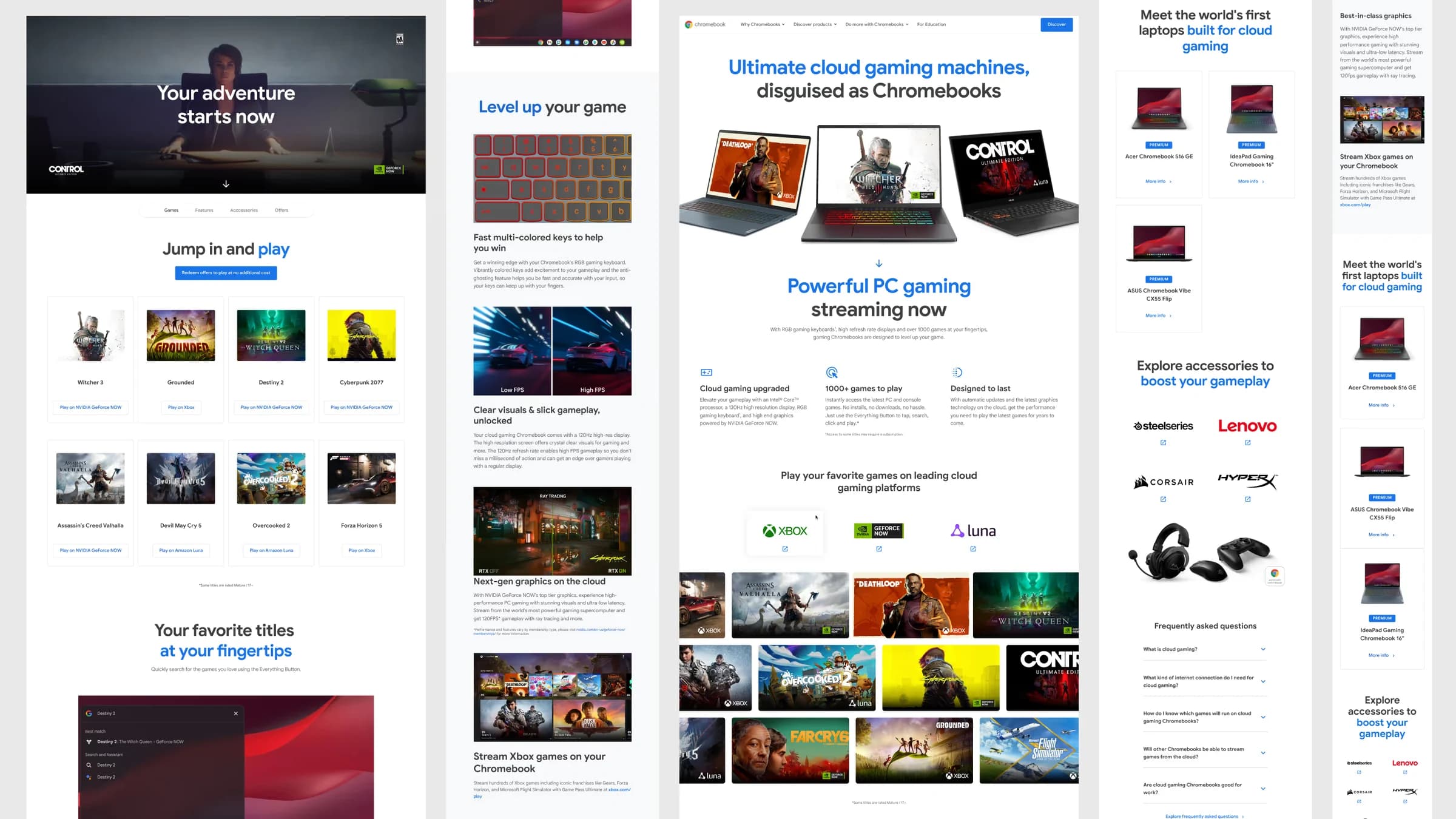 Full-page designs of the Chromebook gaming site, from the hero to game catalogs and hardware listings.
