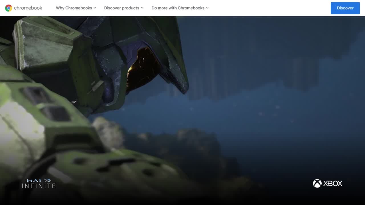 Frame from the Chromebook gaming hero video featuring Master Chief from Halo Infinite and the Xbox logo.