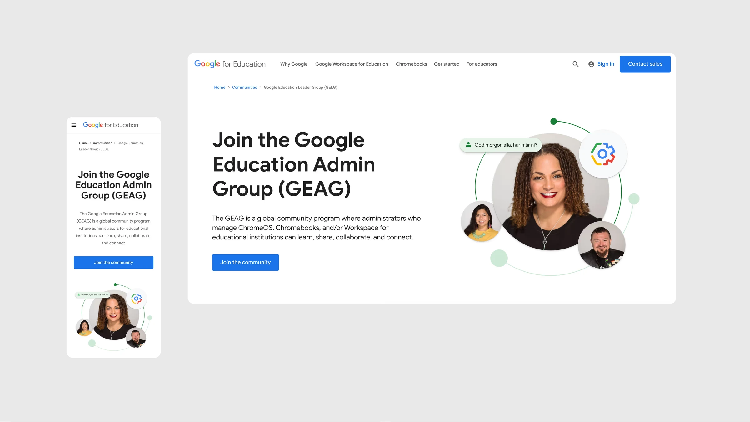 Google Education Admin Group landing page on desktop and mobile, headlined “Join the Google Education Admin Group (GEAG)”.