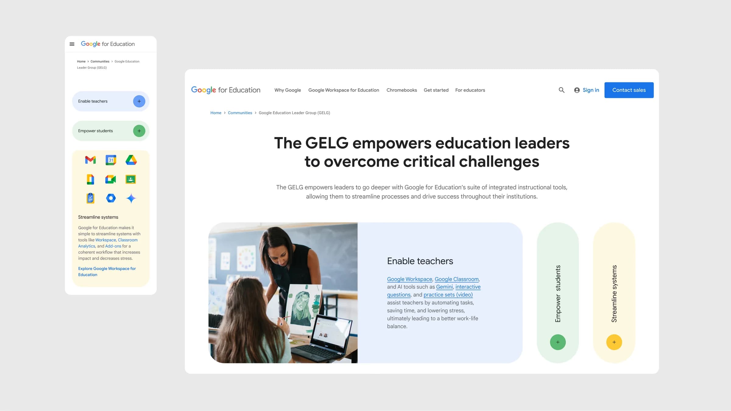 Education Leader Group page on desktop and mobile, headlined “The GELG empowers education leaders to overcome critical challenges”.