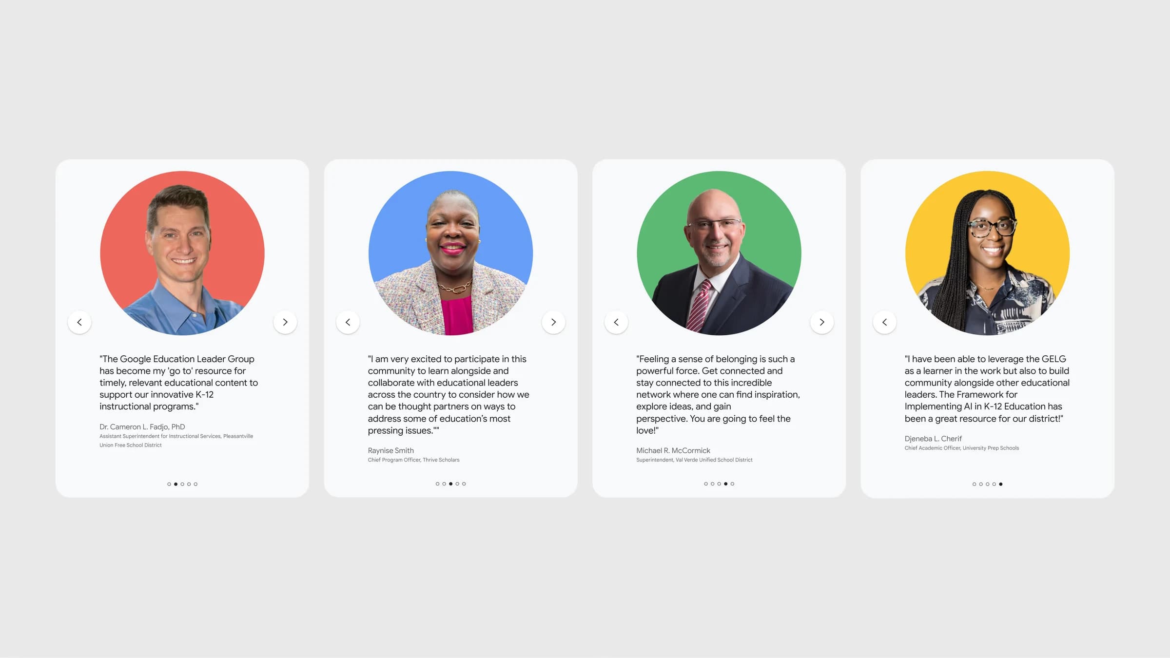 Four testimonial cards with circular portraits of education leaders and their quotes.