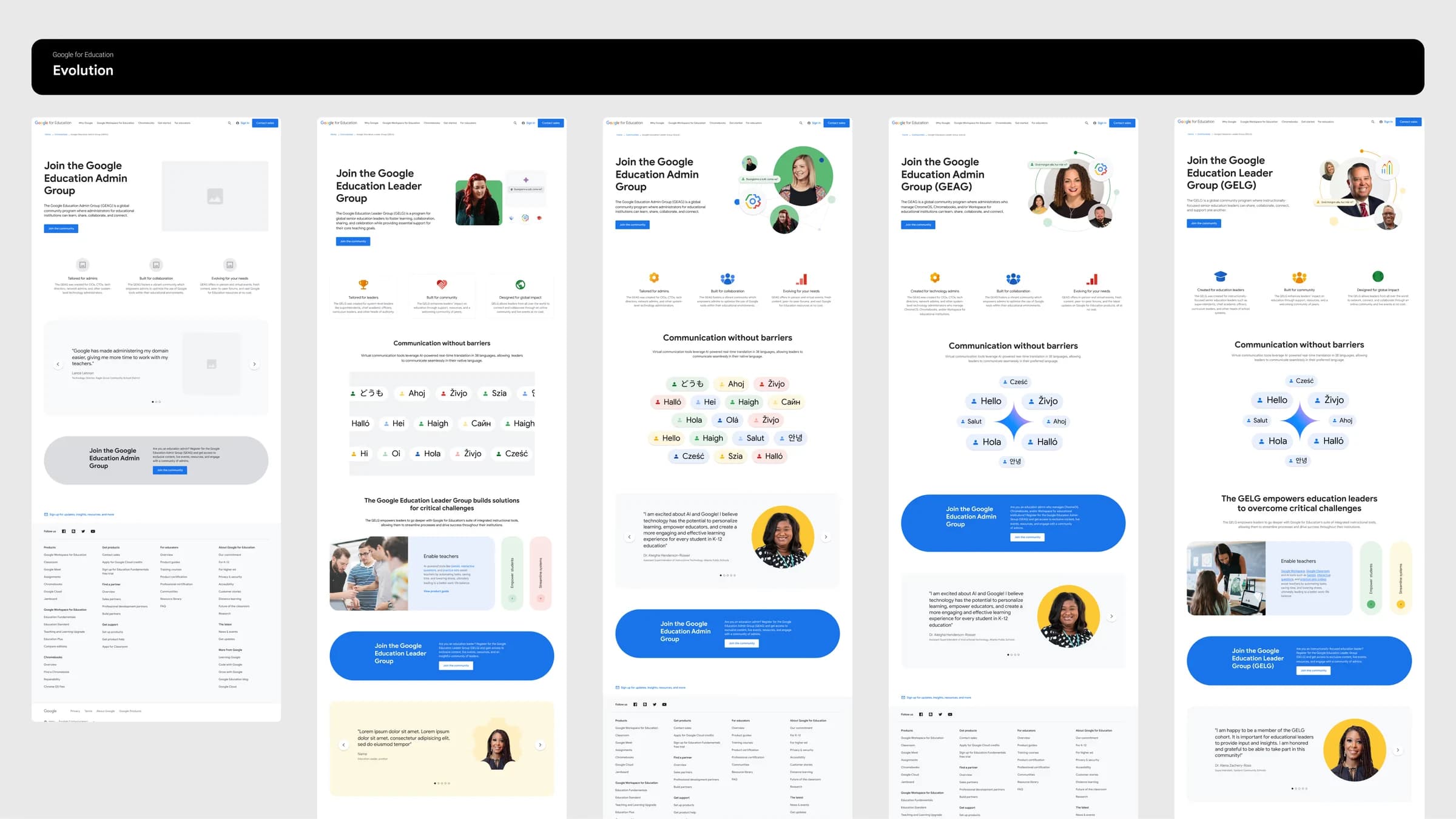 Five full-length page designs for the Google for Education community hubs, side by side.