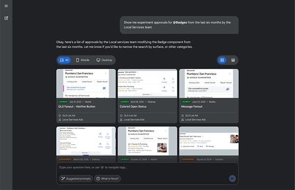 Approval results as a grid of cards, each with a screenshot, launch date and owning team.