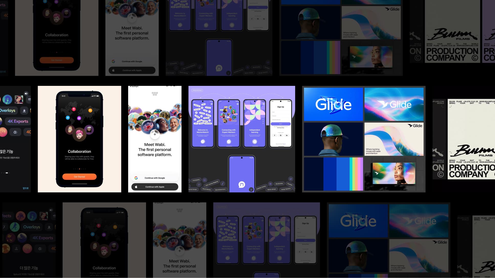 Visual references for onboarding, colour and typography from other apps and brands, laid out as a moodboard.