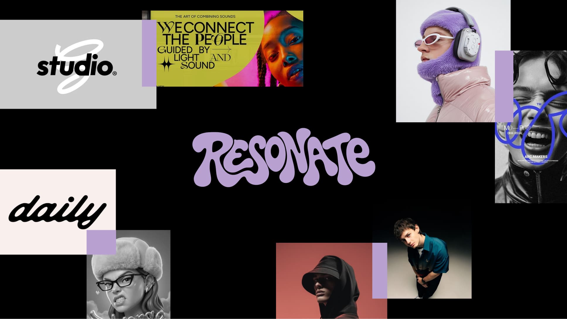 The purple Resonate wordmark surrounded by moodboard references for typography, fashion and music photography.