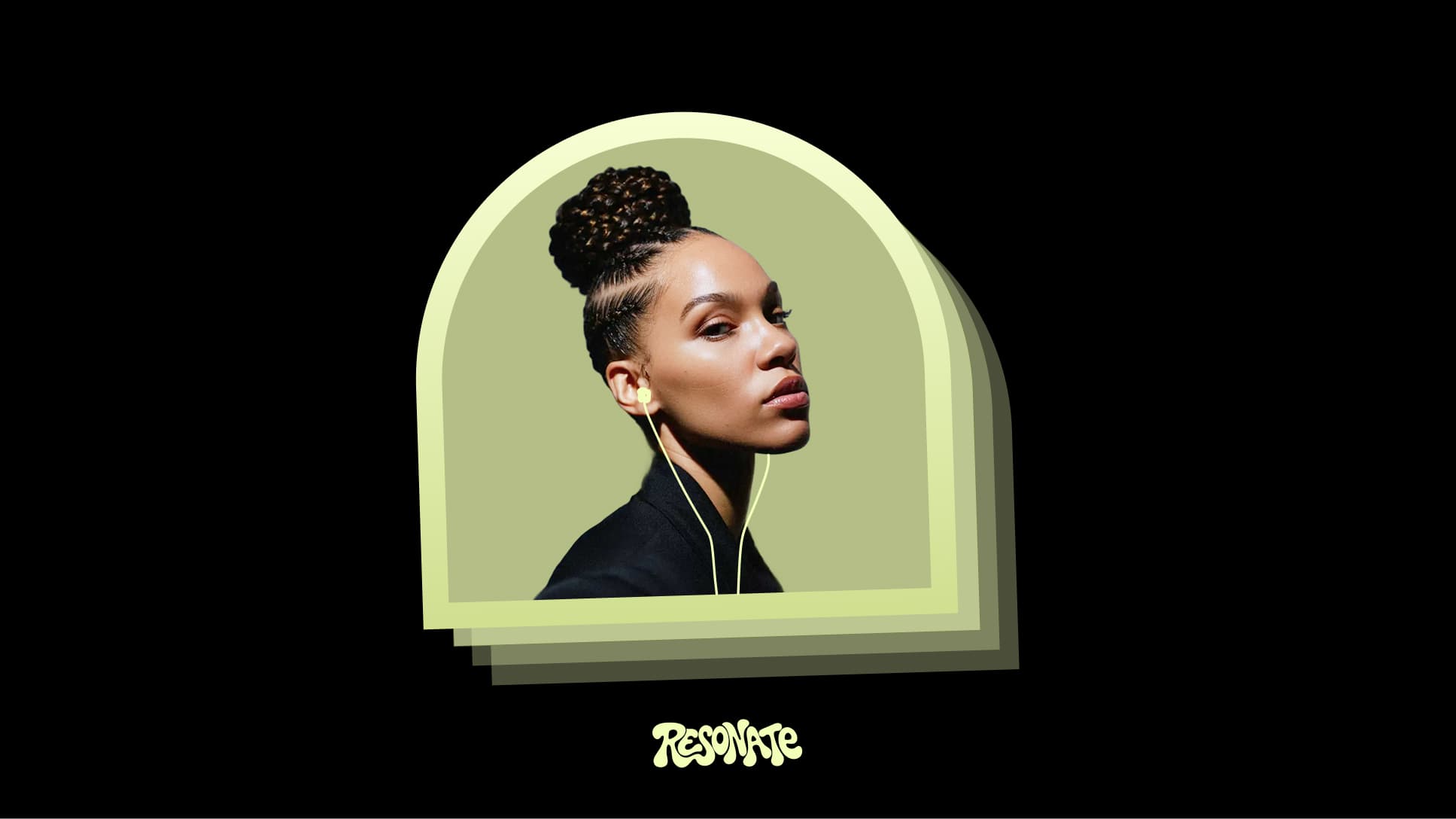 Brand visual of a woman wearing earphones inside a stacked arch shape in soft green tones, above the Resonate logo.