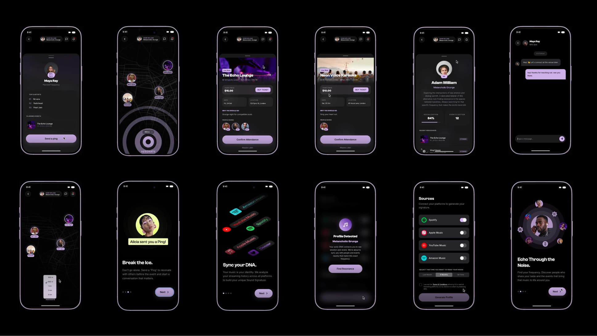 Twelve Resonate app screens covering onboarding, music sources, profile detection, the map, events, profiles and chat.
