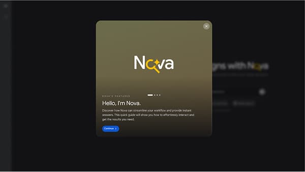 Nova’s welcome modal on a dark interface, with the Nova logo and a short explanation of what it does.
