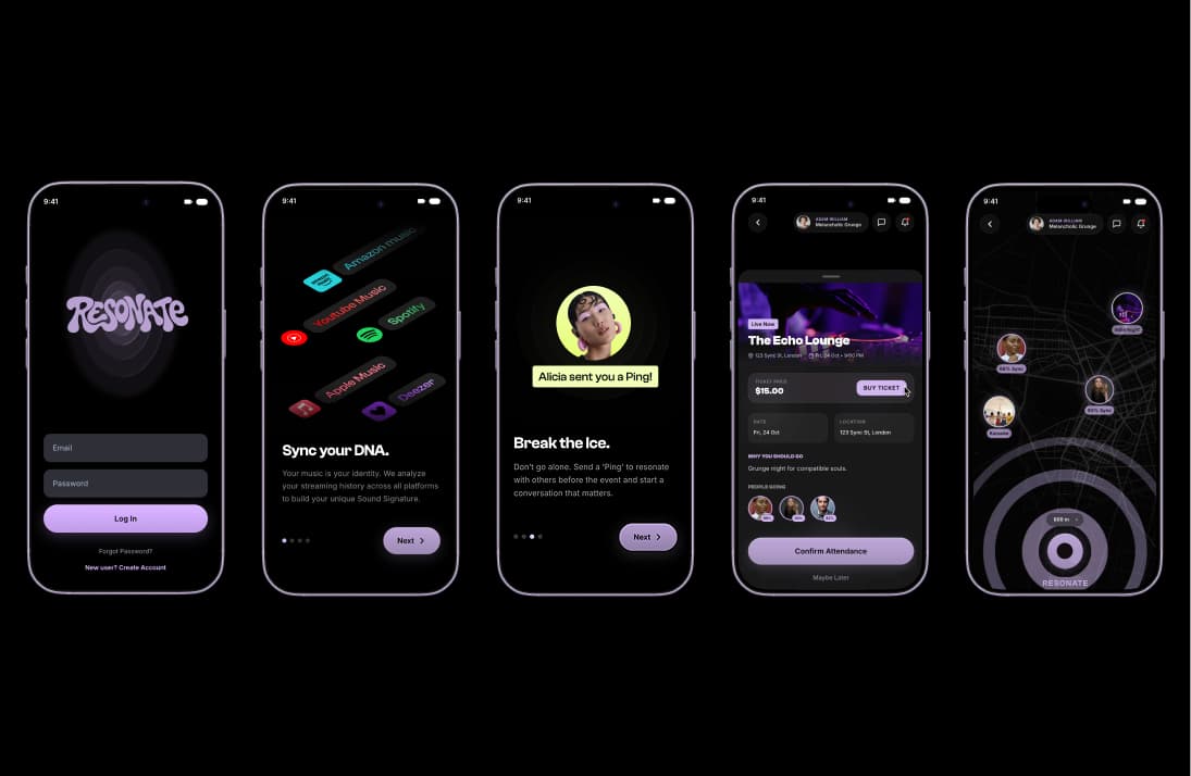 Five Resonate app screens: log in, “Sync your DNA”, “Break the Ice”, an event ticket for The Echo Lounge and a map of nearby listeners.