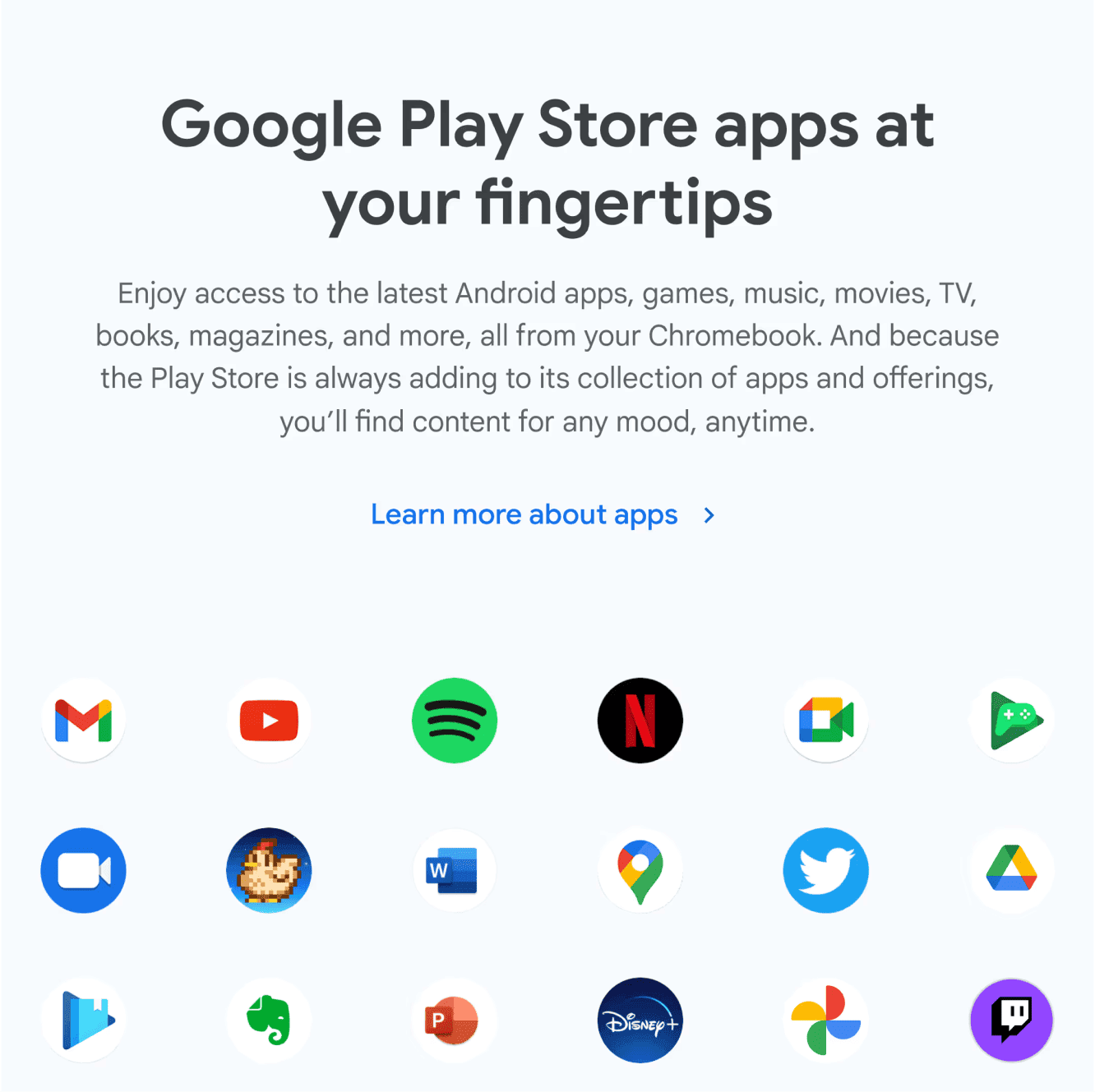 Chromebook page headlined “Google Play Store apps at your fingertips”, with a grid of popular app icons.