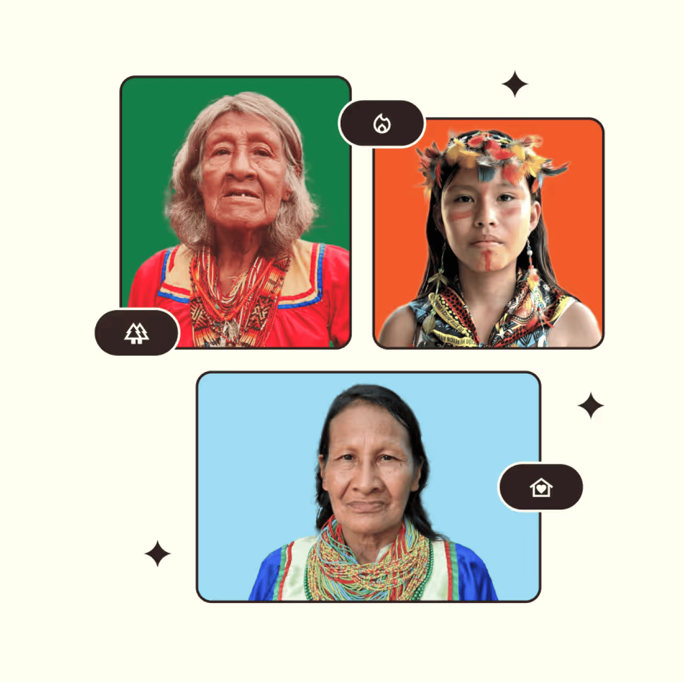 Collage of three Indigenous portraits on green, orange and blue backgrounds, with icon pills and sparkles.