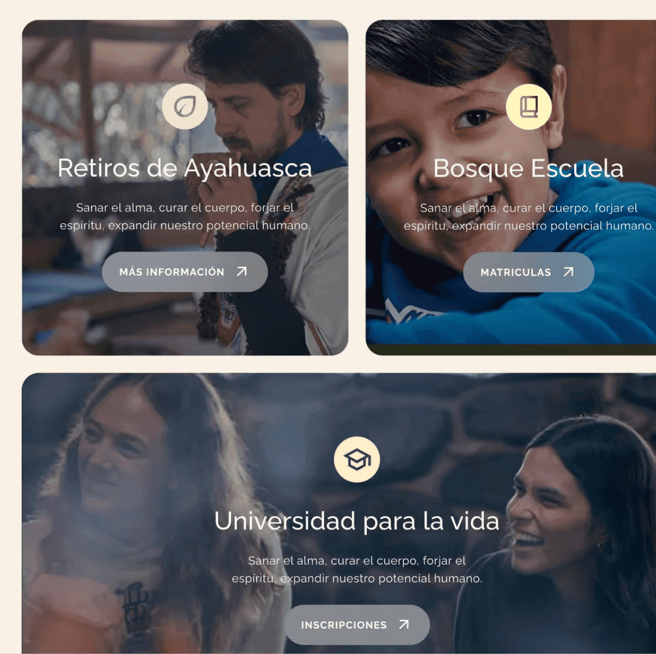 Spanish-language cards for Ayahuasca retreats, a forest school and a “university for life”, set over warm photos.