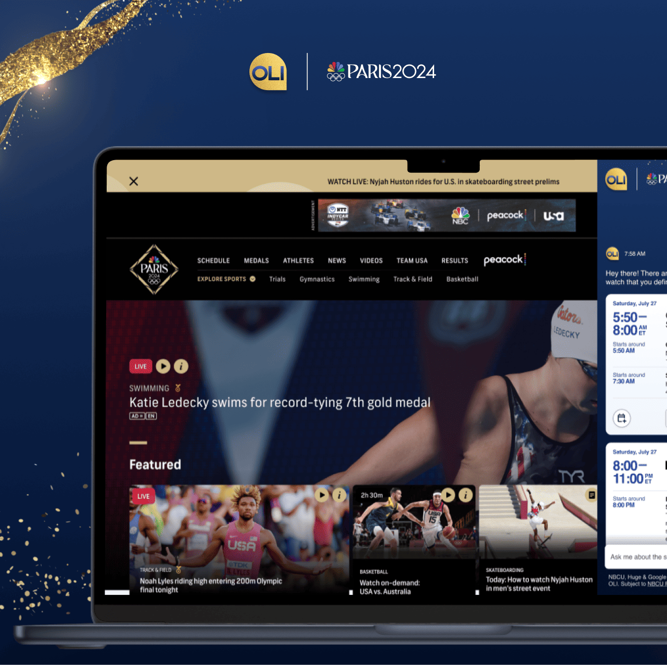 OLI assistant panel beside the NBC Paris 2024 site on a laptop, featuring live swimming and athletics coverage.