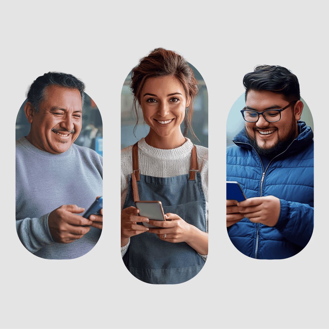 Three smiling people in pill-shaped frames, each using a smartphone.